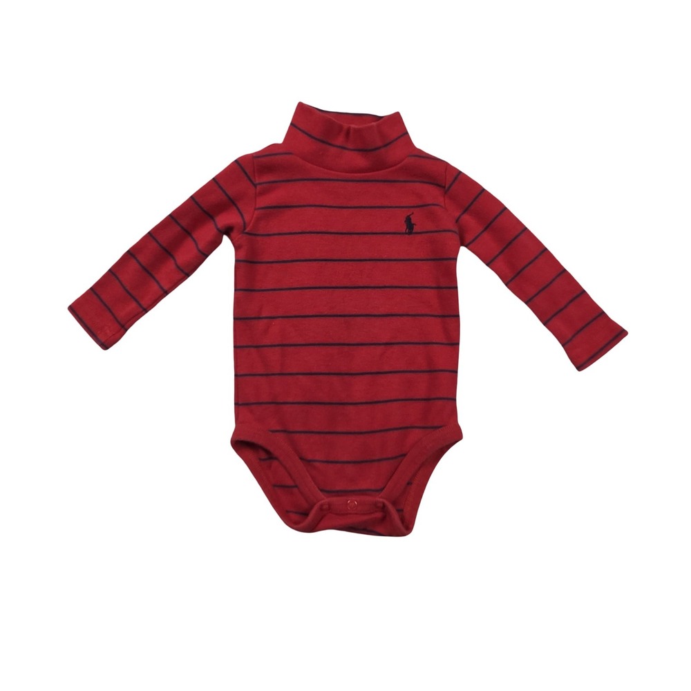 Polo Ralph Lauren Baby Boy Red Navy Blue Striped Turtleneck Bodysuit 9M Preppy